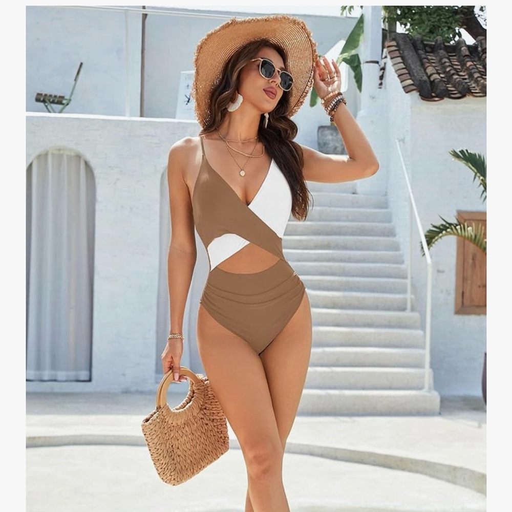 Brown and White Cutout Swimsuit